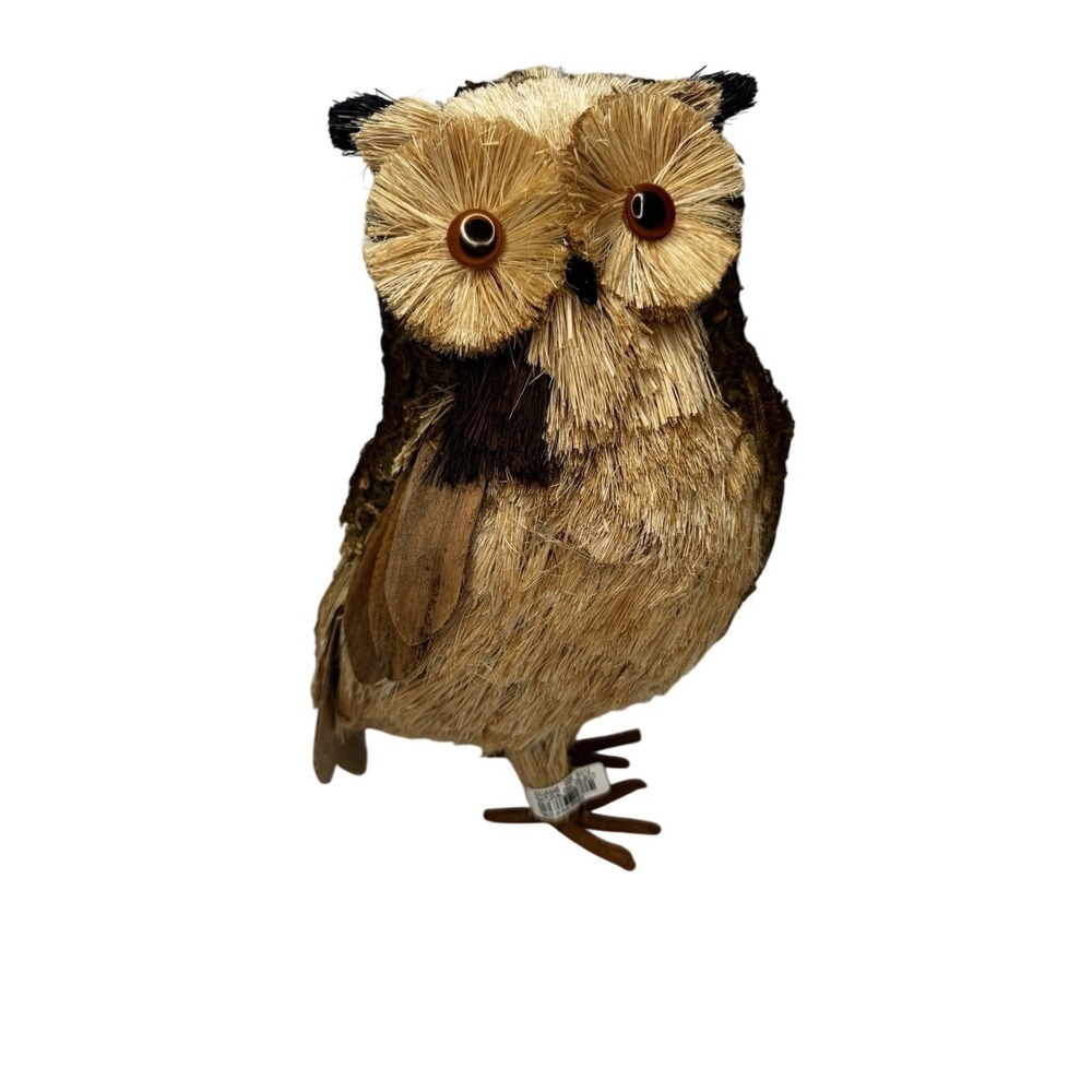 Pottery Barn 10" Natural Owl Object Raffia Woodland Fall Decor NEW